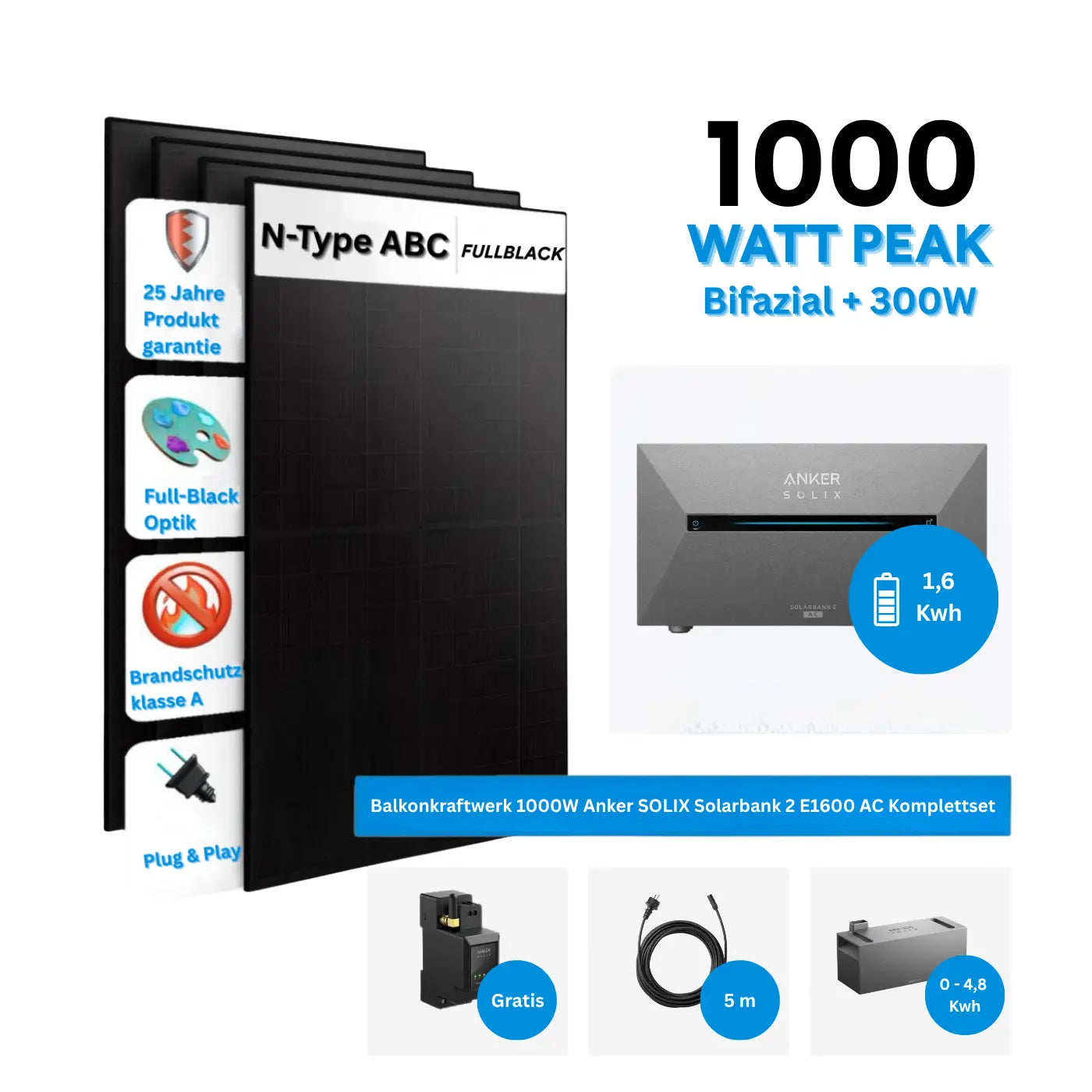 Anker SOLIX Solarbank 2 E1600 AC Balkonkraftwerk Speicher mit 500W Solarmodul Komplettset