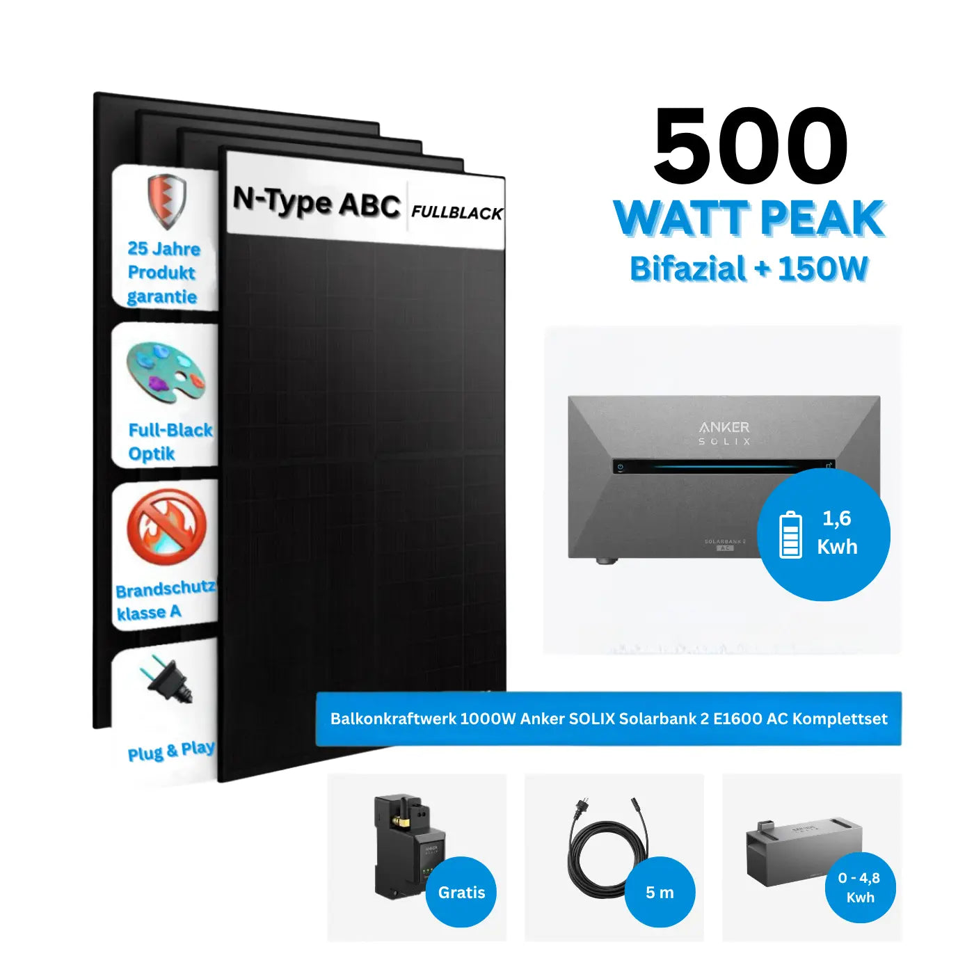Anker SOLIX Solarbank 2 E1600 AC Balkonkraftwerk Speicher mit 500W Solarmodul Komplettset
