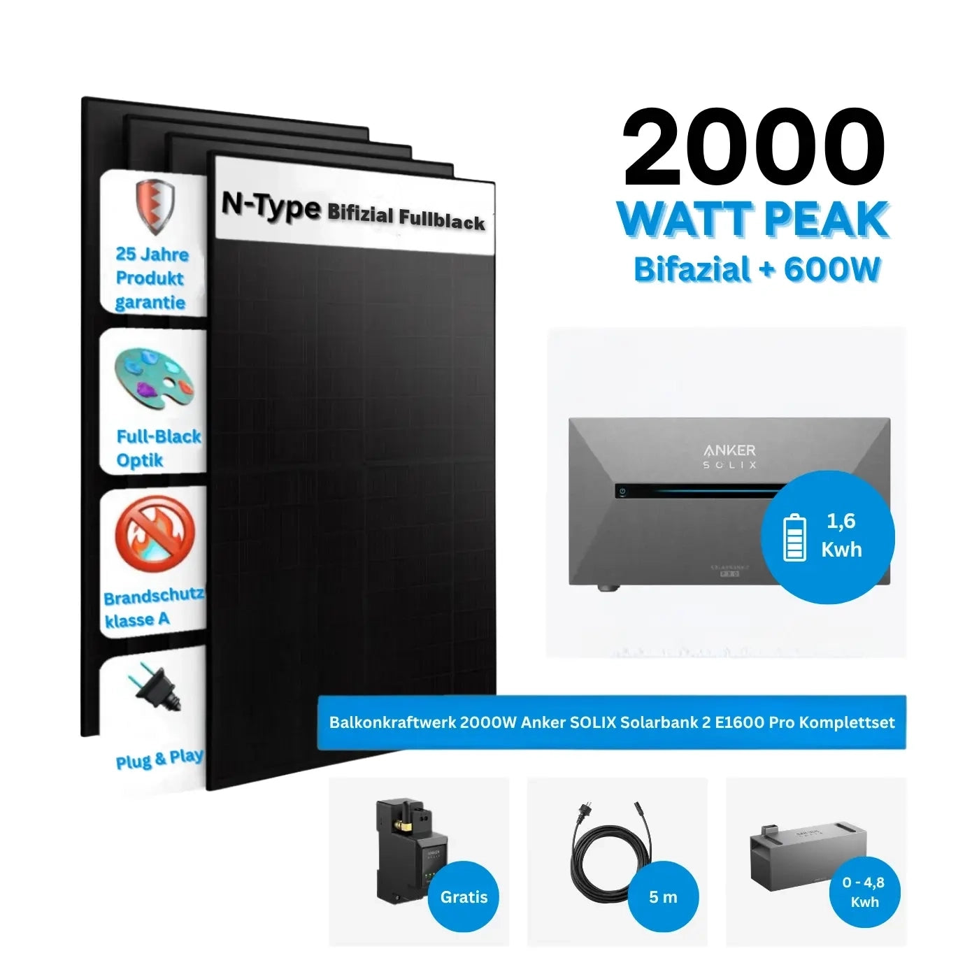 Anker SOLIX Solarbank 2 E1600 Pro Balkonkraftwerk Speicher mit 500W Solarmodul Komplettset