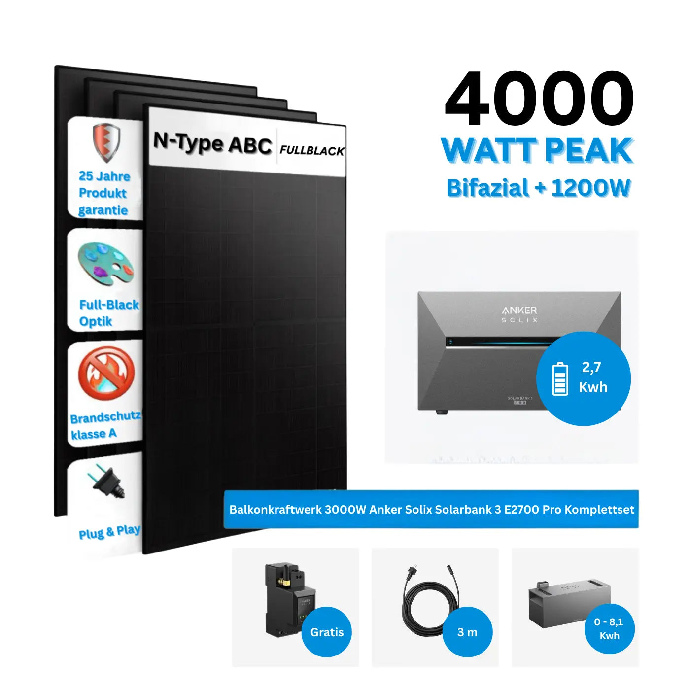 Anker SOLIX Solarbank 3 E2700 Pro Komplettset mit acht 500-W-Solarmodulen und Smart Meter