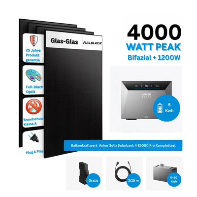 Anker SOLIX Solarbank 4 E5000 Pro Balkonkraftwerk Speicher Komplettset mit 8 × 500W Solarmodulen