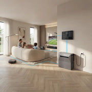 Anker SOLIX Solarbank Max AC 7-42kWh Plug&Play Komplettset in modernem Wohnraum mit Familie.
