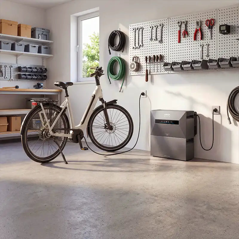 Anker SOLIX Solarbank Max AC 7-42kWh Plug&Play Komplettset in einer modernen Werkstatt mit einem Fahrrad.