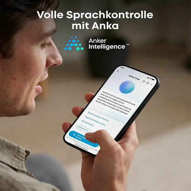 Volle Sprachkontrolle mit Anka, Anker Intelligence™ auf einem Smartphone Anker SOLIX Solarbank Max AC 7-42kWh Plug&Play Komplettset