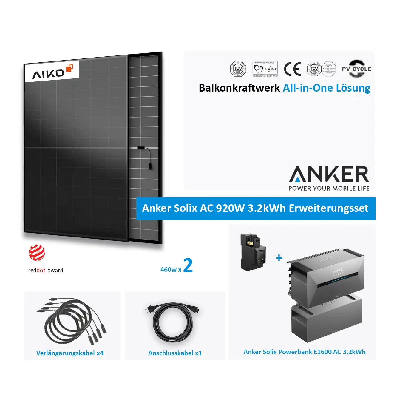 Anker Solix AC kit d'extension 3.2kWh 2X460W Aiko verre-verre full noir