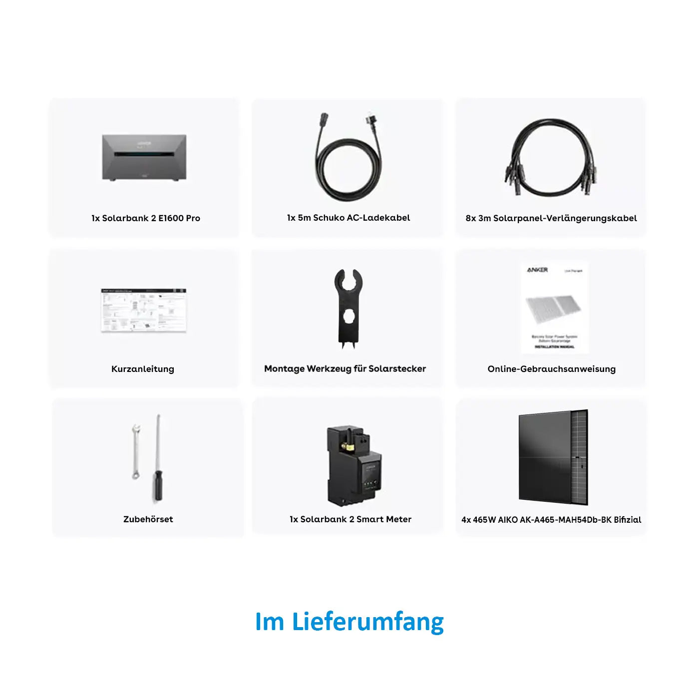 Anker Solix Balkonkraftwerk 1860W 4x465W Aiko Glas-Glas Vollschwarz mit Speicher – Lieferumfang