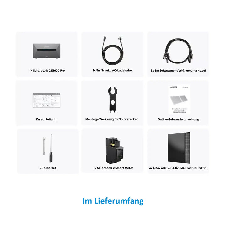 Anker Solix Centrală electrică pentru balcon 1860W 4x465W Aiko sticlă-sticlă complet neagră cu spațiu de depozitare – Conținutul livrării