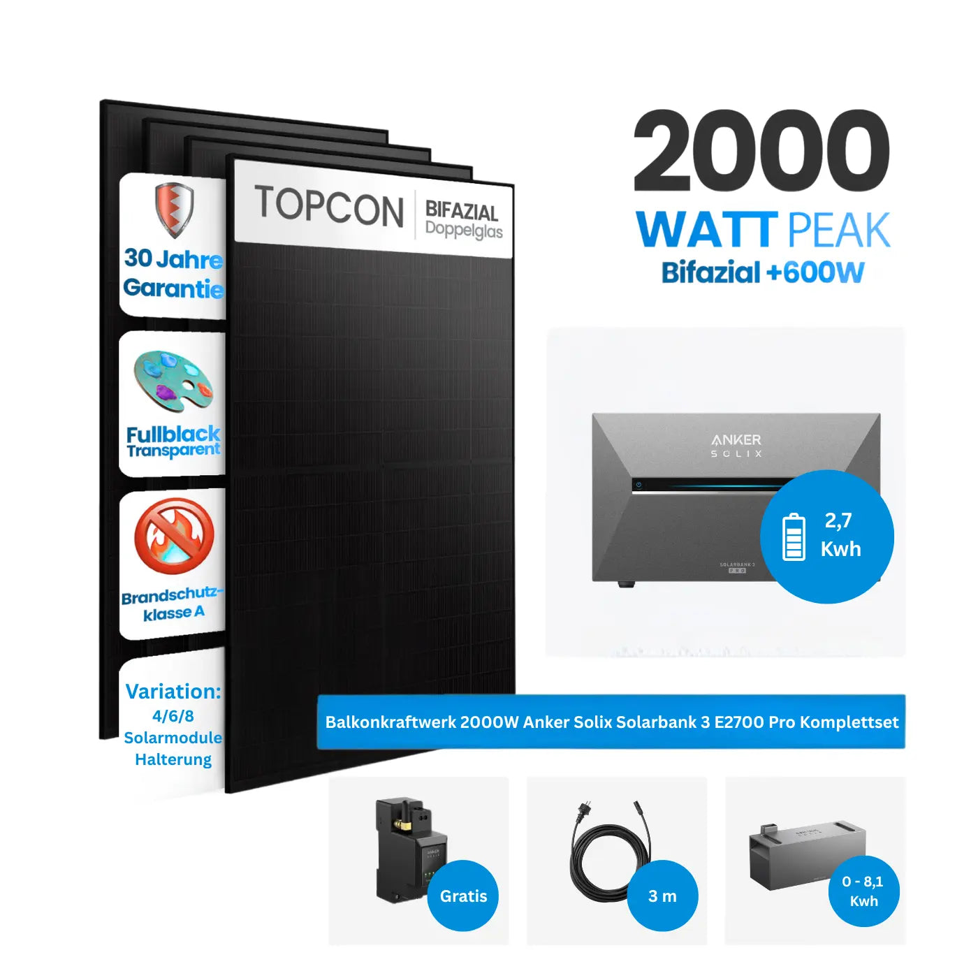Balkonkraftwerk 2000W mit Speicher Anker Solix Solarbank 3 E2700 Pro Komplettset