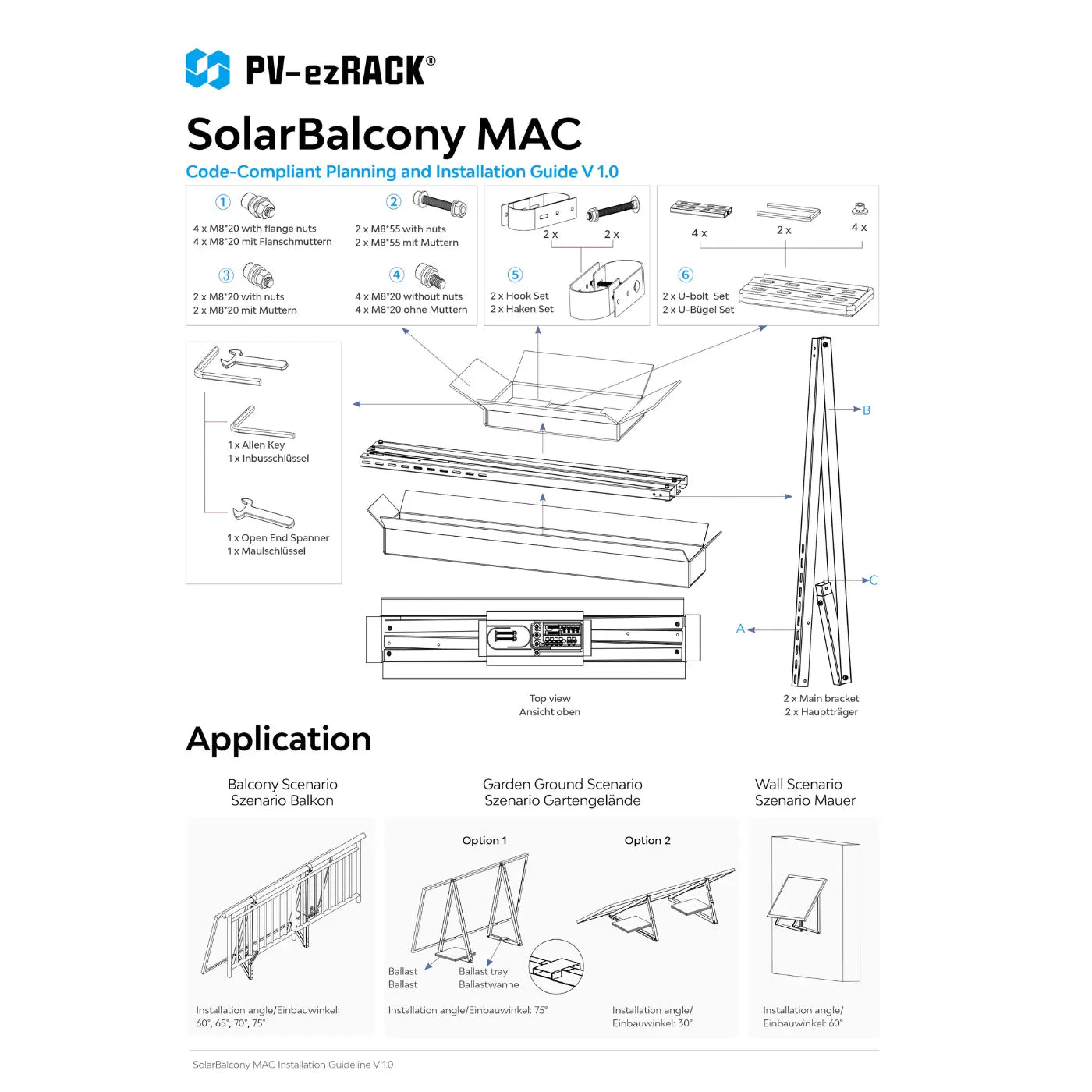 Clenergy PV-Halterung für 2 Modul verstellbar 15–30° geeignet für Balkon Wand und Flachdach