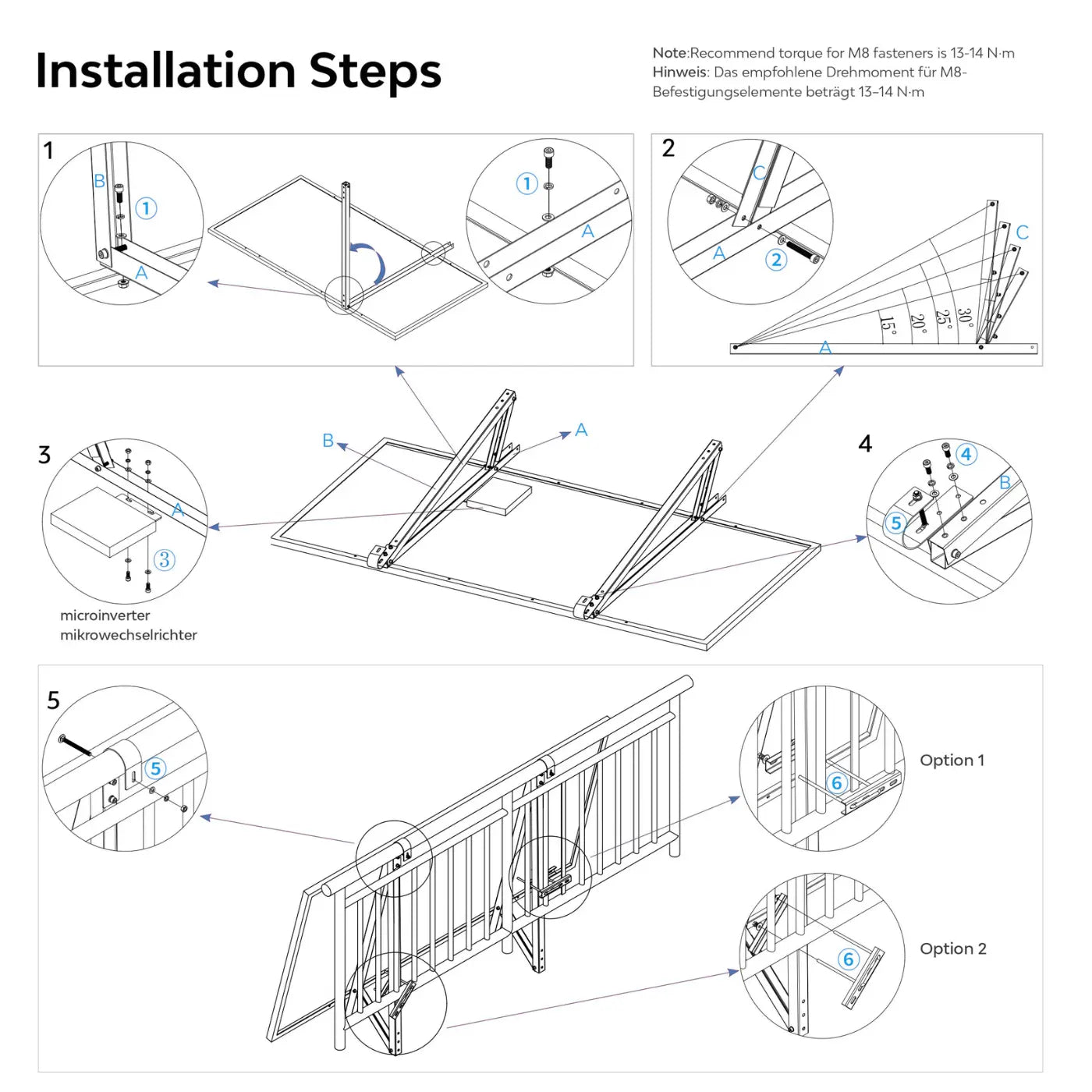 Clenergy PV-Halterung für 2 Modul verstellbar 15–30° geeignet für Balkon Wand und Flachdach