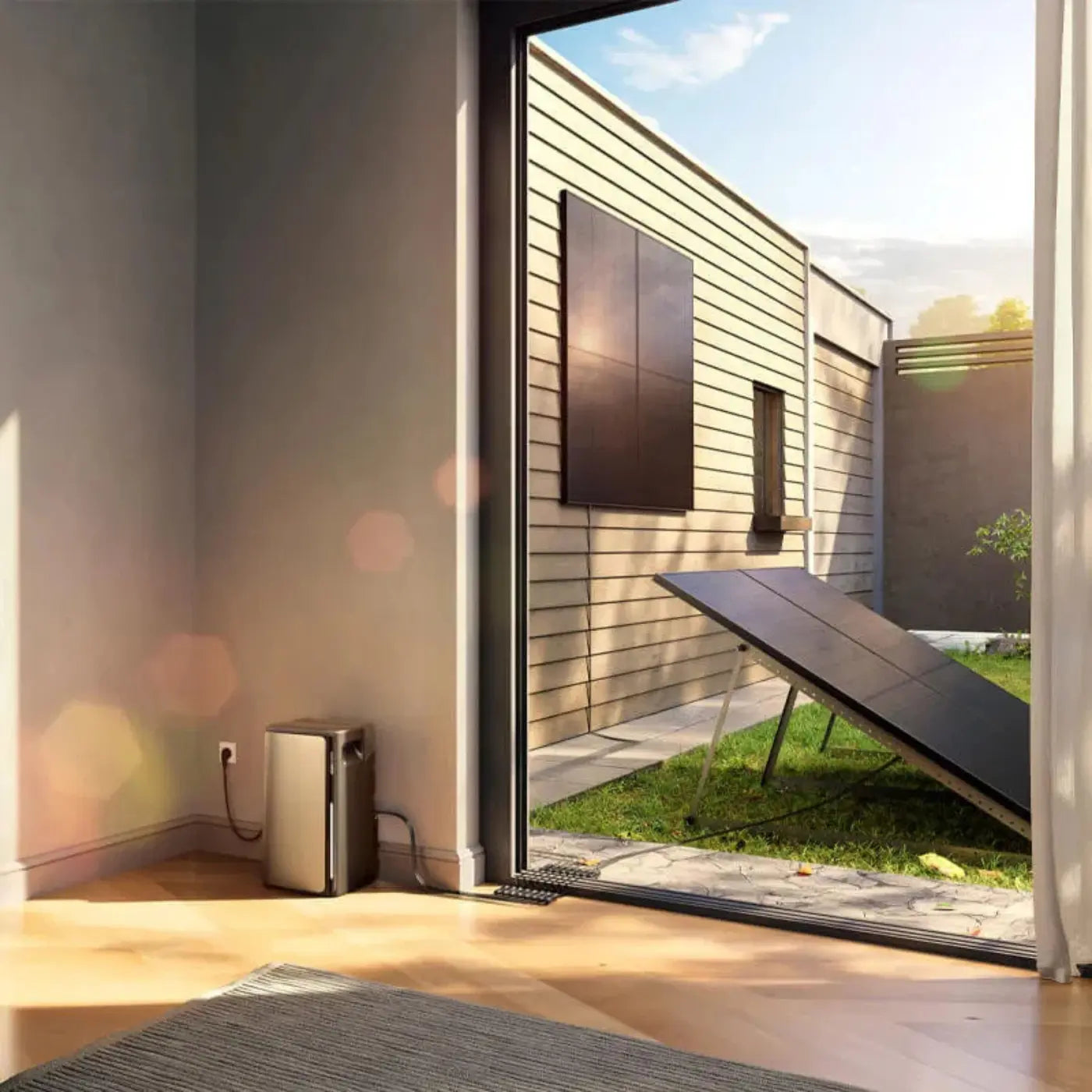 EcoFlow STREAM Ultra 2000W AllinOne Stromspeicher Komplettset in modernem Raum mit Solarpanel draußen.