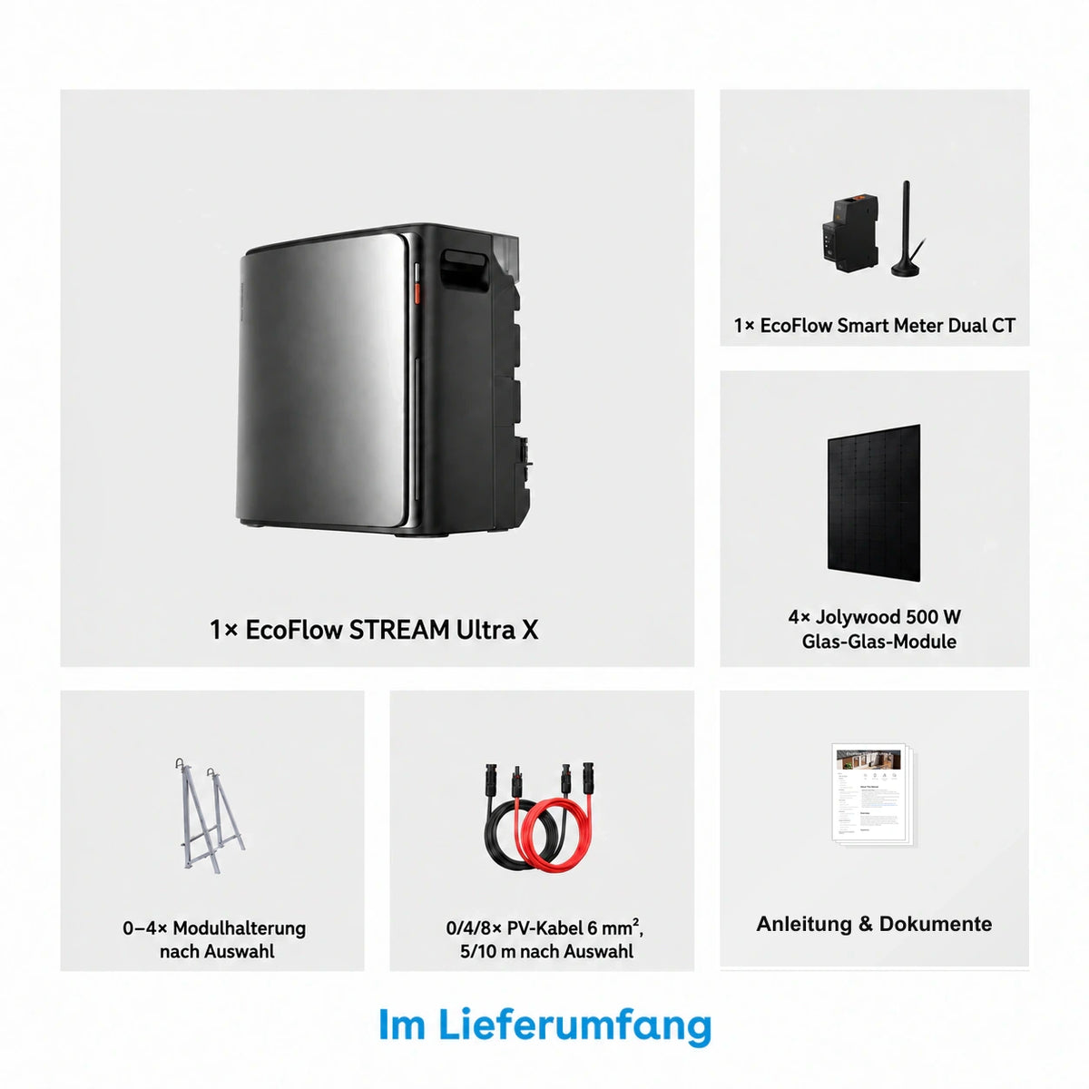 EcoFlow STREAM Ultra X Stromspeicher mit 4 × 500W Solarmodule Vollschwarz