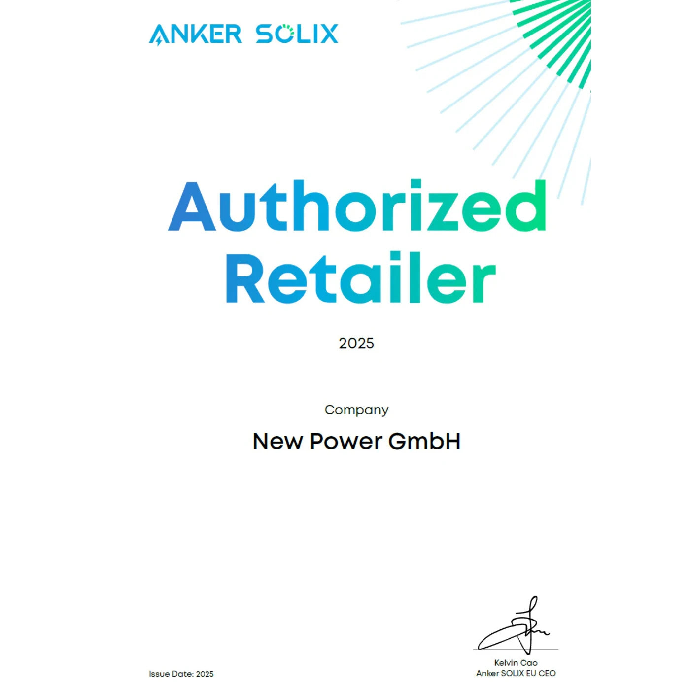 Anker SOLIX Solarbank Max AC 7-42kWh Plug&Play Komplettset Authorized Retailer certificate for New Power GmbH 2025.