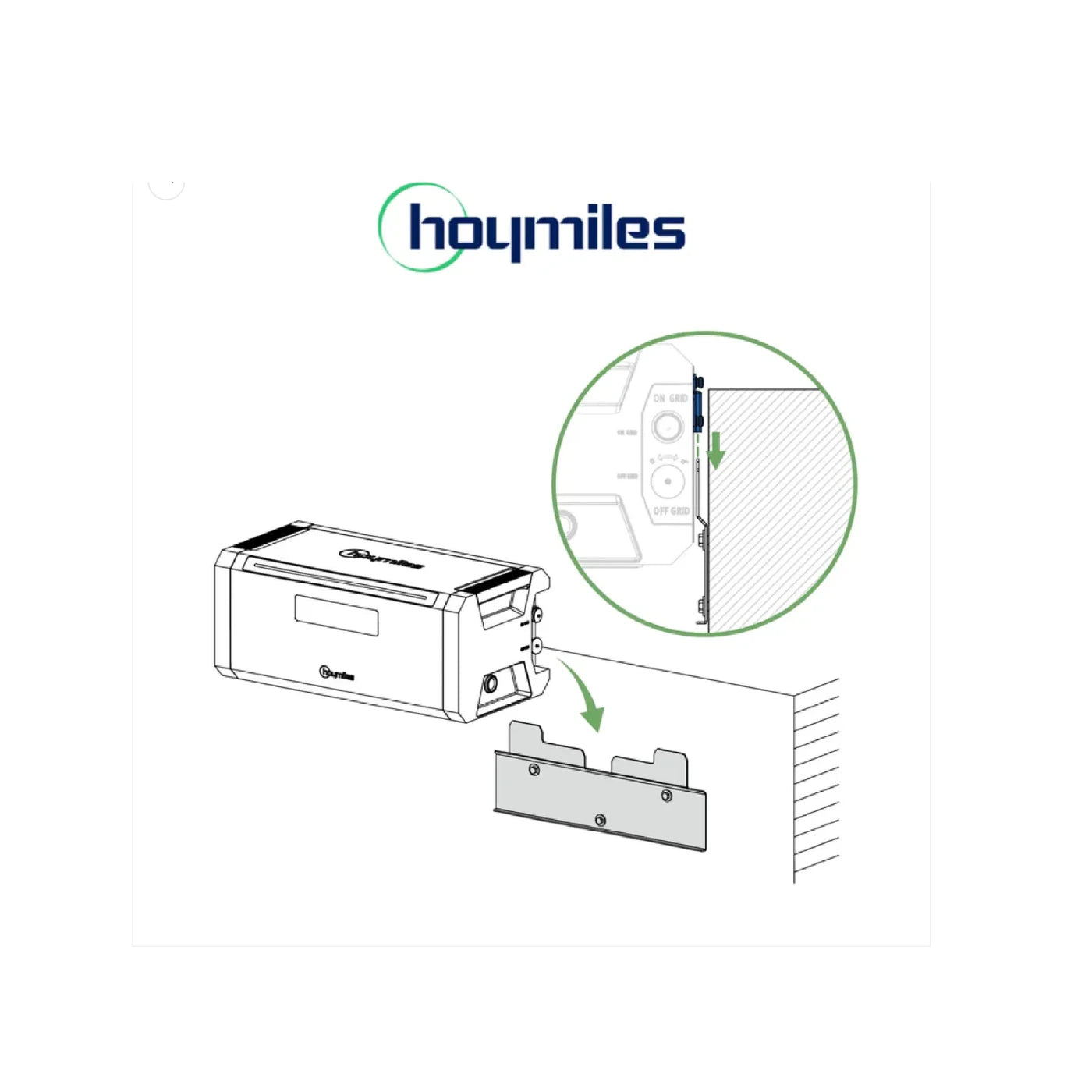 Hoymiles Wandhalterung für Hoymiles Hibattery Reiner Speicher mit Installationsillustration und Detailansicht.