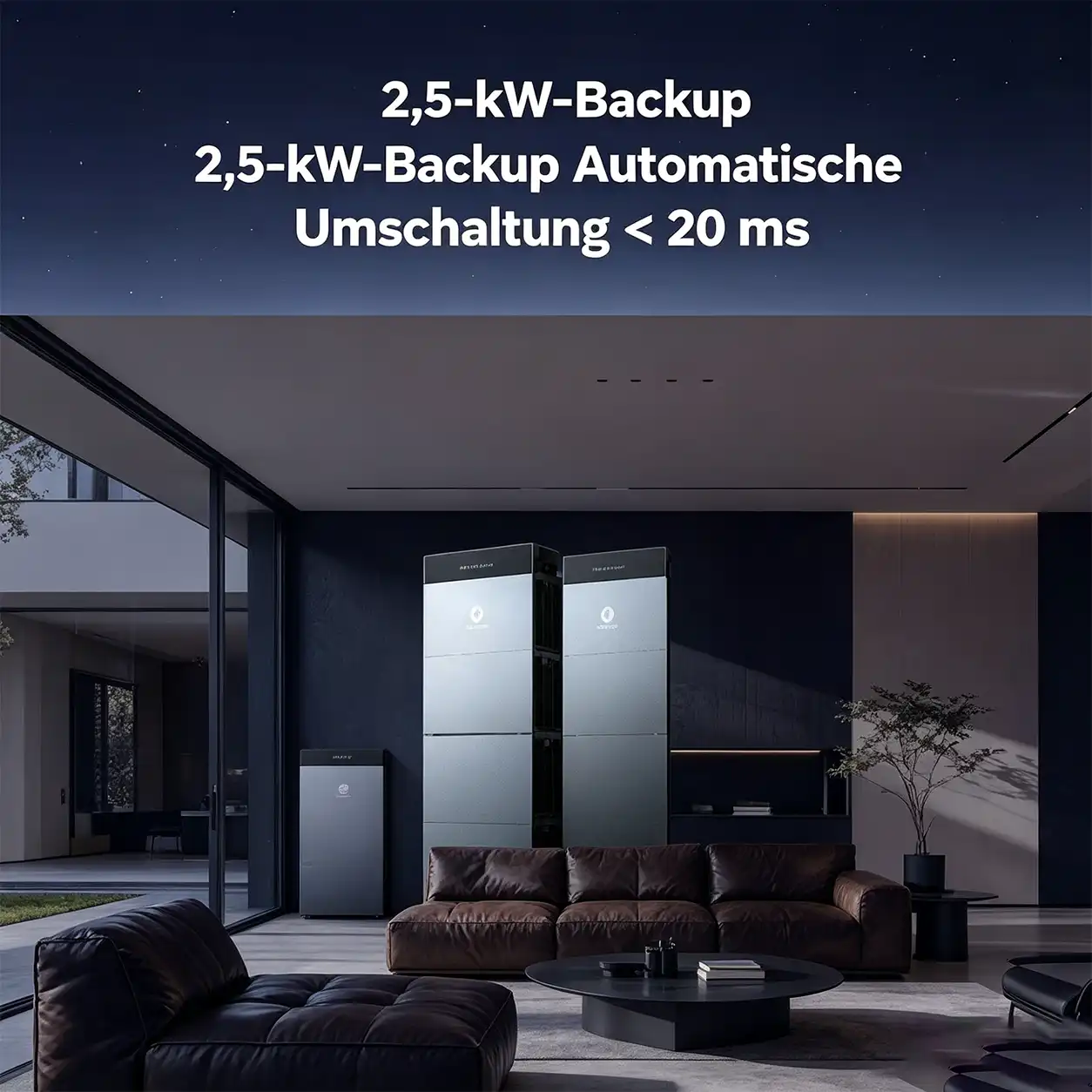 Wohnraumgrafik zur 2,5-kW-Backup-Funktion der Hoymiles HiBattery 4020 Serie