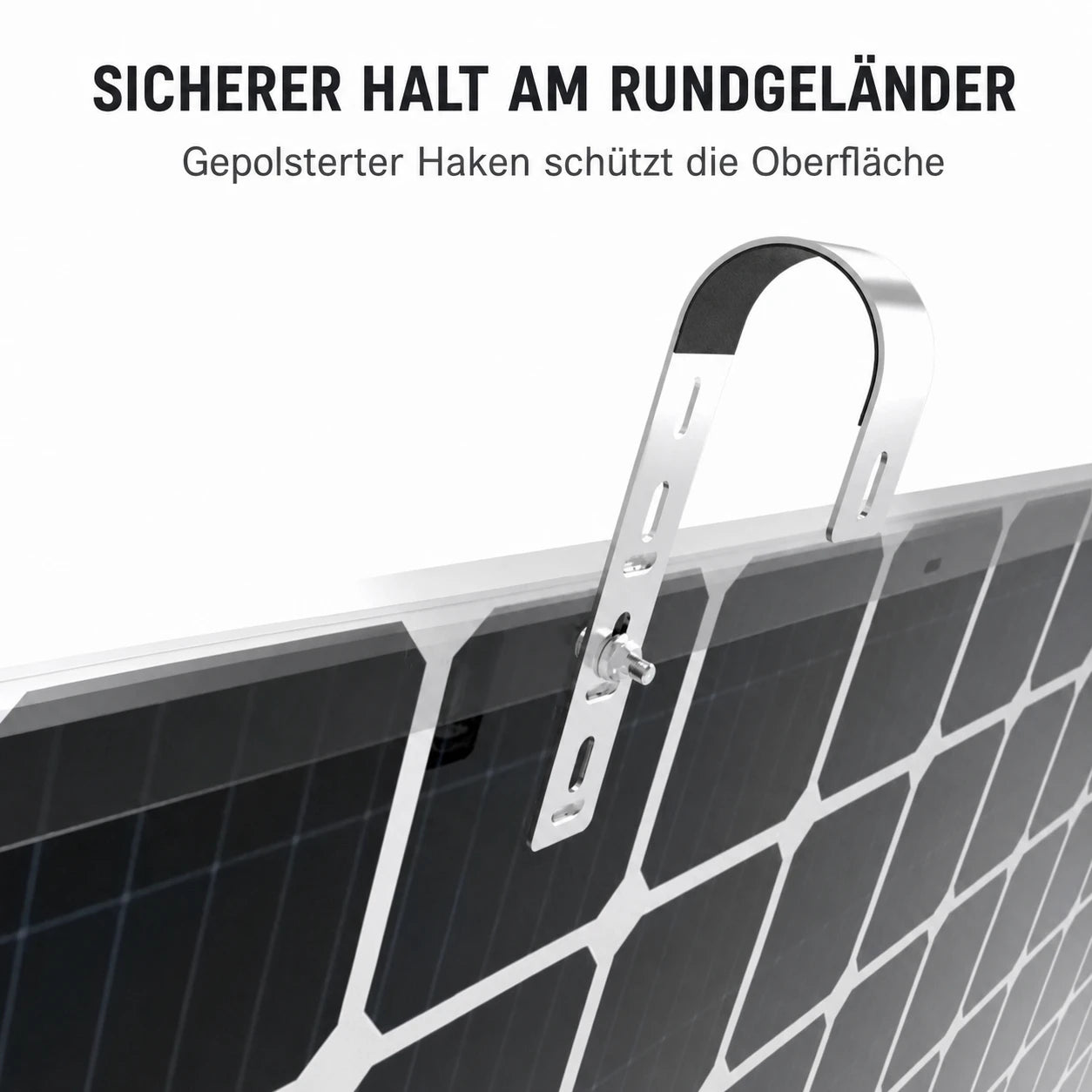 Gepolsterter KSENG Geländerhaken zur Befestigung eines PV-Moduls am Rundgeländer