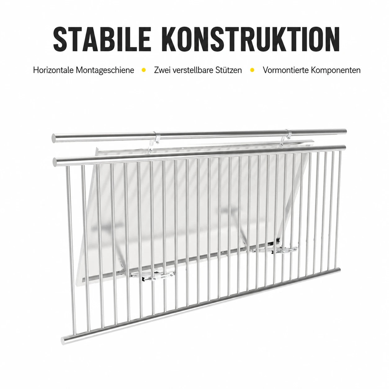 Rückansicht der KSENG Balkonhalterung mit Montageschiene und zwei verstellbaren Stützen