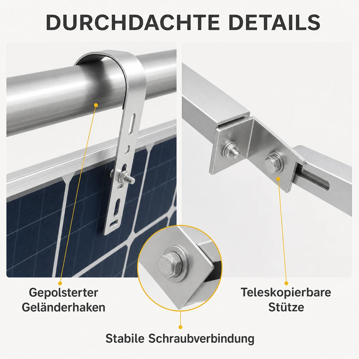 Detailansicht der KSENG Balkonhalterung mit Geländerhaken, Teleskopstütze und Schraubverbindung