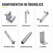 Komponenten des KSENG Balkonkraftwerk-Montagesets mit Rahmenklemmen, Geländerhaken, Stützen und Querträgern