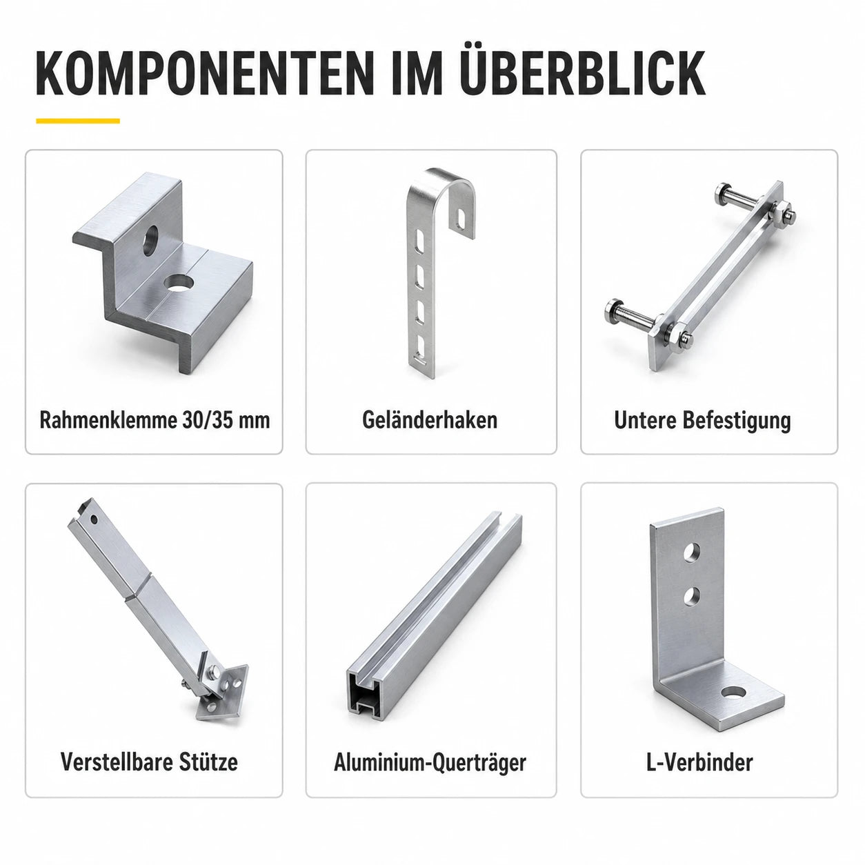 Komponenten des KSENG Balkonkraftwerk-Montagesets mit Rahmenklemmen, Geländerhaken, Stützen und Querträgern