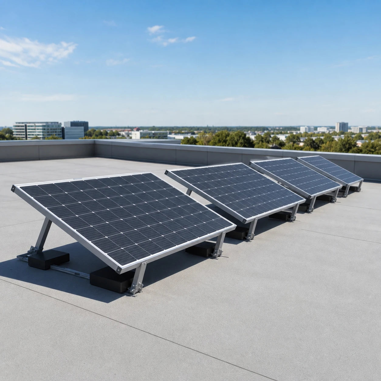 Mehrere PV-Module auf KSENG 20° Ballast-Montagesystemen auf einem Flachdach