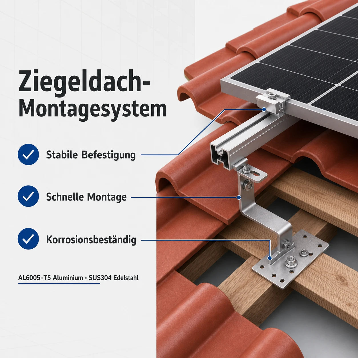 KSENG Ziegeldach-Montagesystem mit Dachhaken, Montageschiene und Modulklemme