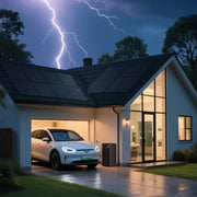 Marstek VENUS D All-In-One Balkonkraftwerk Speicher mit Solarpanelen bei Gewitter am Abend