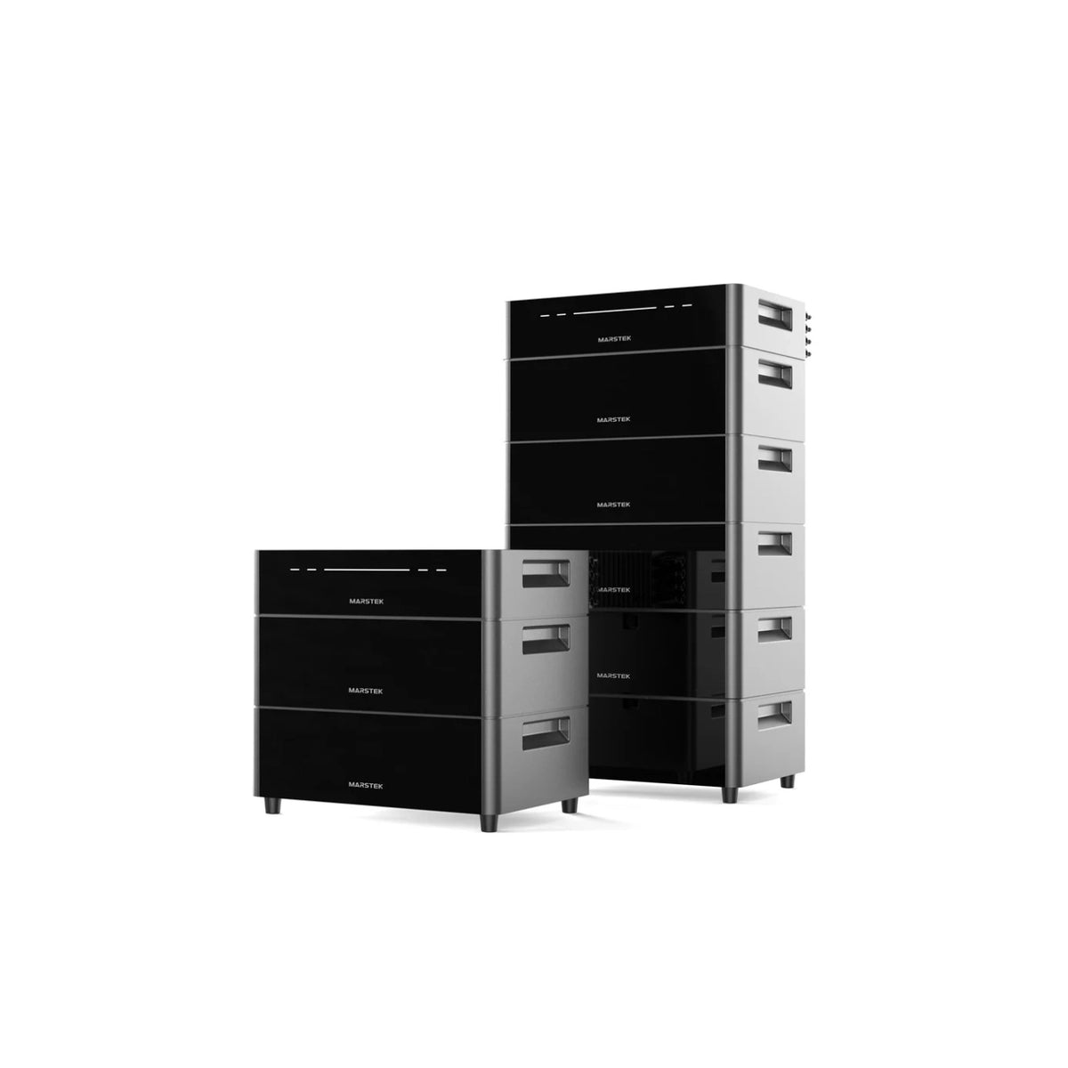 Marstek VENUS D All-In-One Balkonkraftwerk Speicher in modernem schwarzen Design, bestehend aus zwei Einheiten.