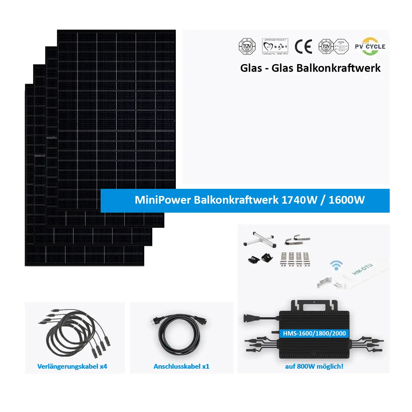 MiniPower Balkonkraftwerk 1740W / 1600W Bifazial Glas-Glas