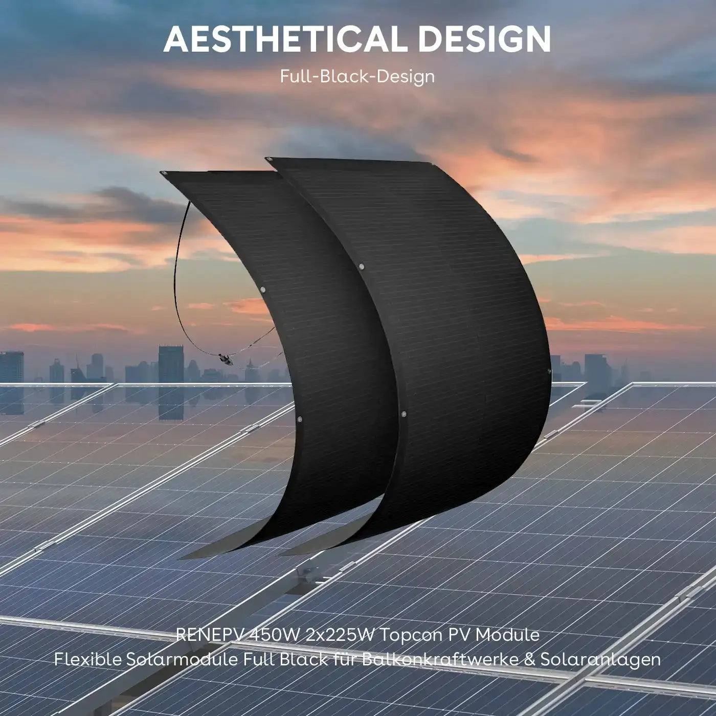 Flexible Solarmodule RENEPV 900W 4x225W N-TOPCon auf Solarpanelen im freistehenden Design.