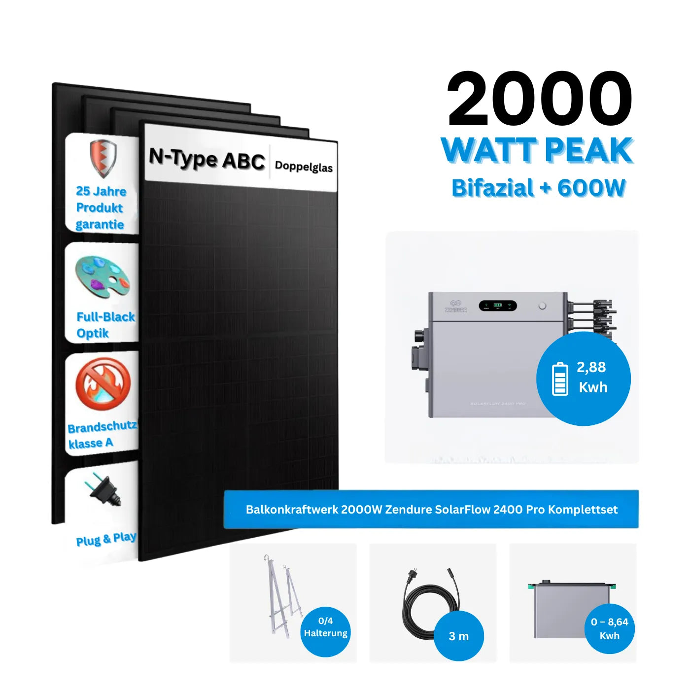 Zendure SolarFlow 2400 Pro Set mit 4×500W Solarmodule Komplettset