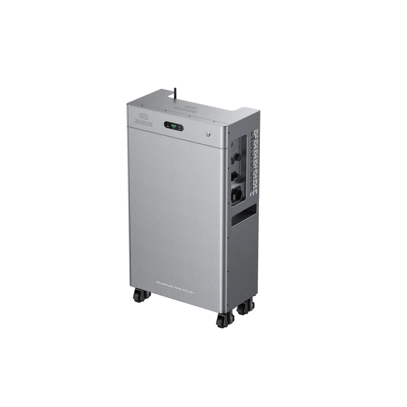 Zendure SolarFlow 3000 Mix AC+ Heimspeichersystem in silber mit Rollen für mobile Energieversorgung.