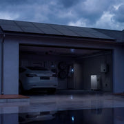 Zendure SolarFlow 4000 Mix AC+ Heimspeichersystem in einer modernen Garage mit Solarpanelen.