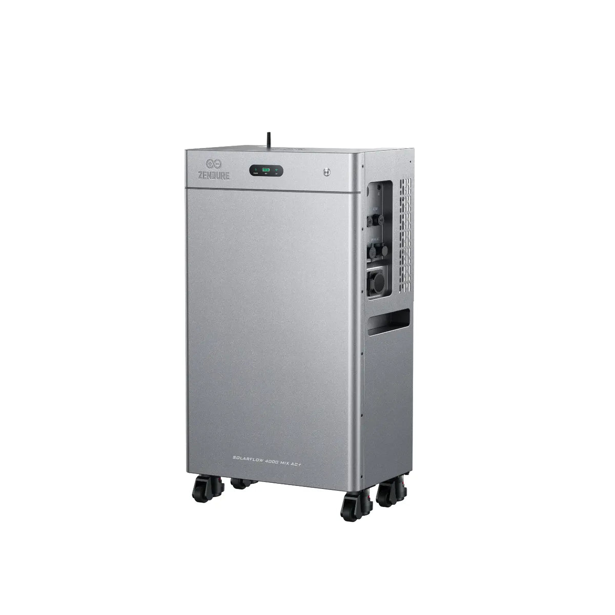 Zendure SolarFlow 4000 Mix AC+ Heimspeichersystem in silbernem Design mit Rollen für einfachen Transport.