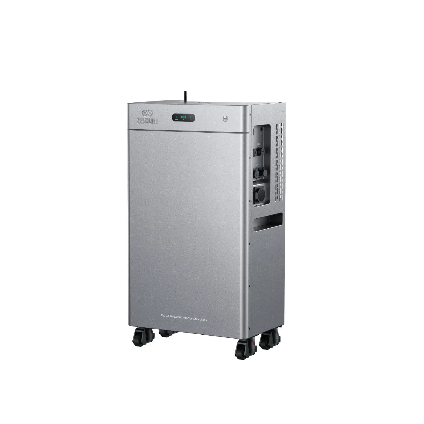 Zendure SolarFlow 4000 Mix AC+ Heimspeichersystem in silbernem Design mit Rollen für einfachen Transport.