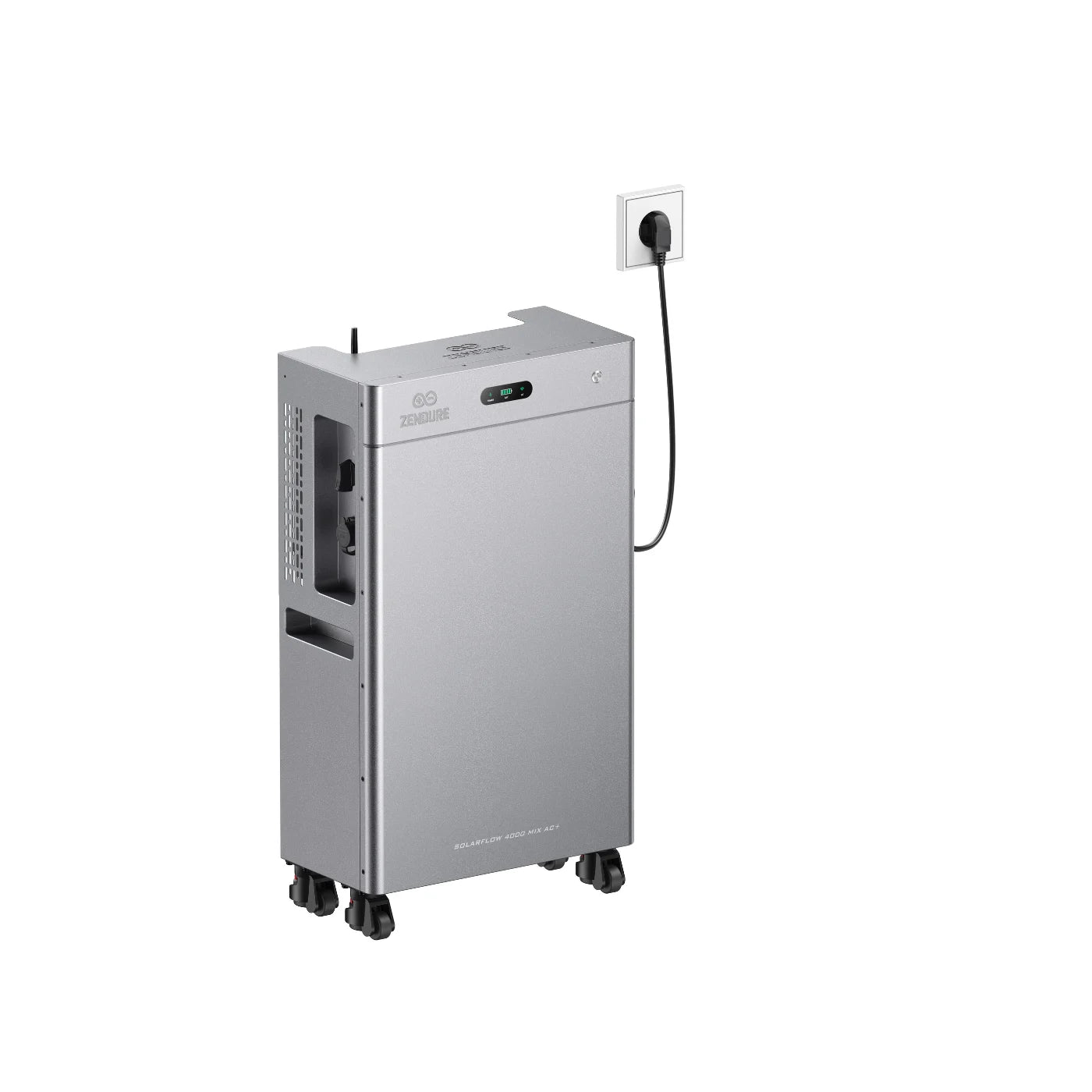 Zendure SolarFlow 4000 Mix AC+ Heimspeichersystem in silber mit Steckdose, mobil und praktisch.