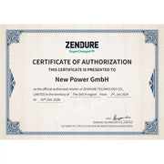 Zertifikat der Autorisierung für New Power GmbH von Zendure, gültig bis 31. Dezember 2026.