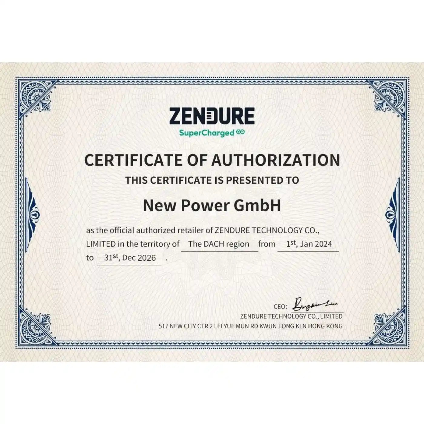 Zertifikat der Autorisierung für New Power GmbH von Zendure, gültig bis 31. Dezember 2026.