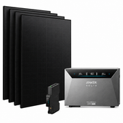 Hauptkomponenten: vier schwarze Solarmodule, Anker SOLIX Solarbank 4 E5000 Pro und Smart Meter Gen 2 auf weißem Hintergrund