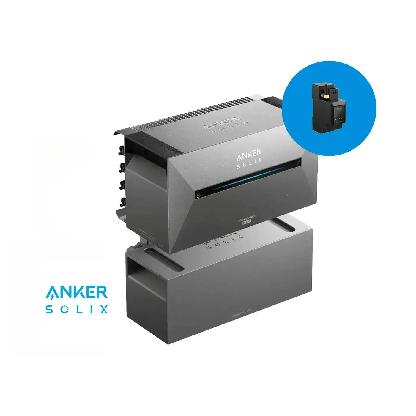 Anker SOLIX Solarbank 3 E2700 Pro + BP2700 + Smart Meter – Produktansicht mit Smart Meter im blauen Kreis