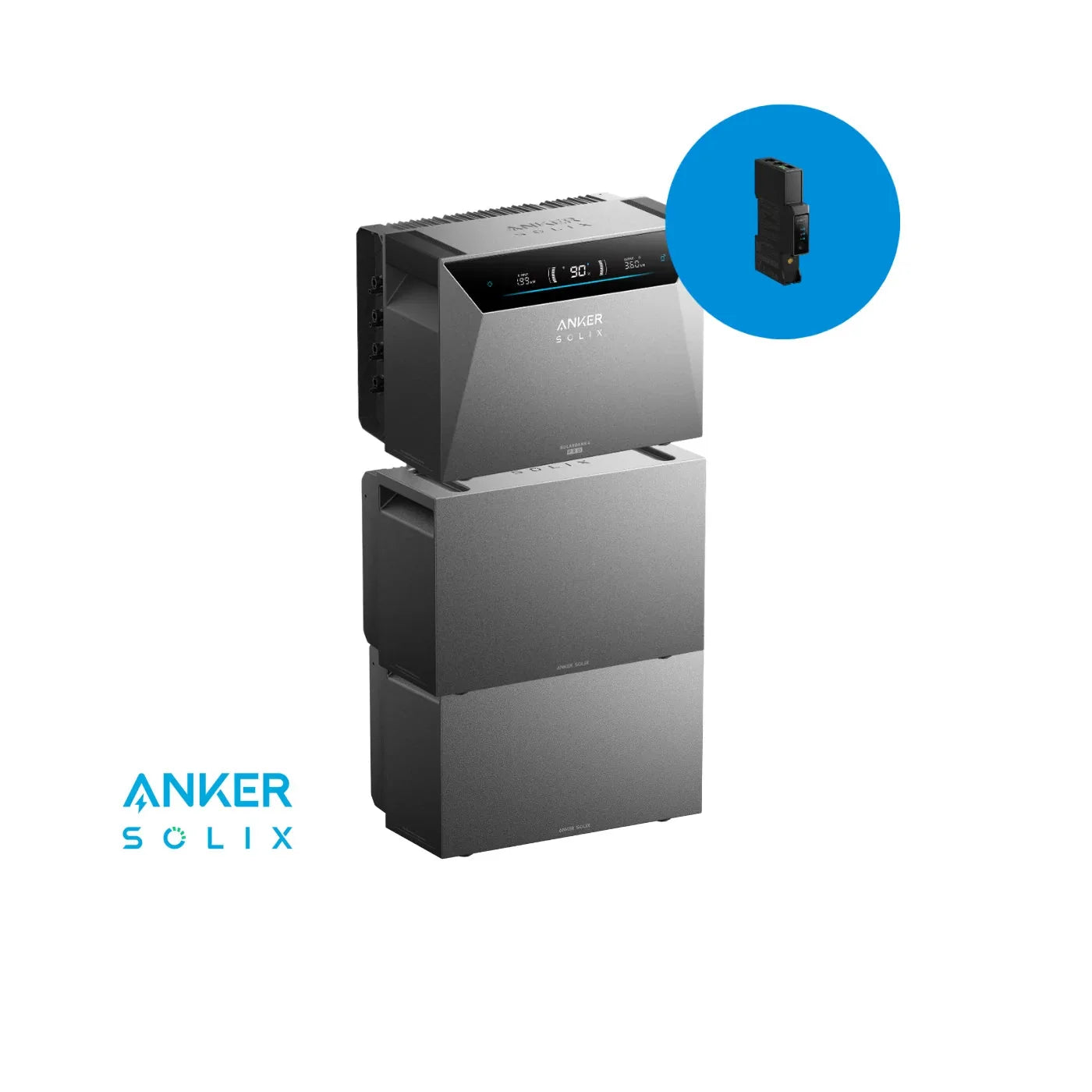 Anker SOLIX Solarbank 4 E5000 Pro + 2x BP5000 + Smart Meter Gen 2 – Produktansicht mit Smart Meter im blauen Kreis