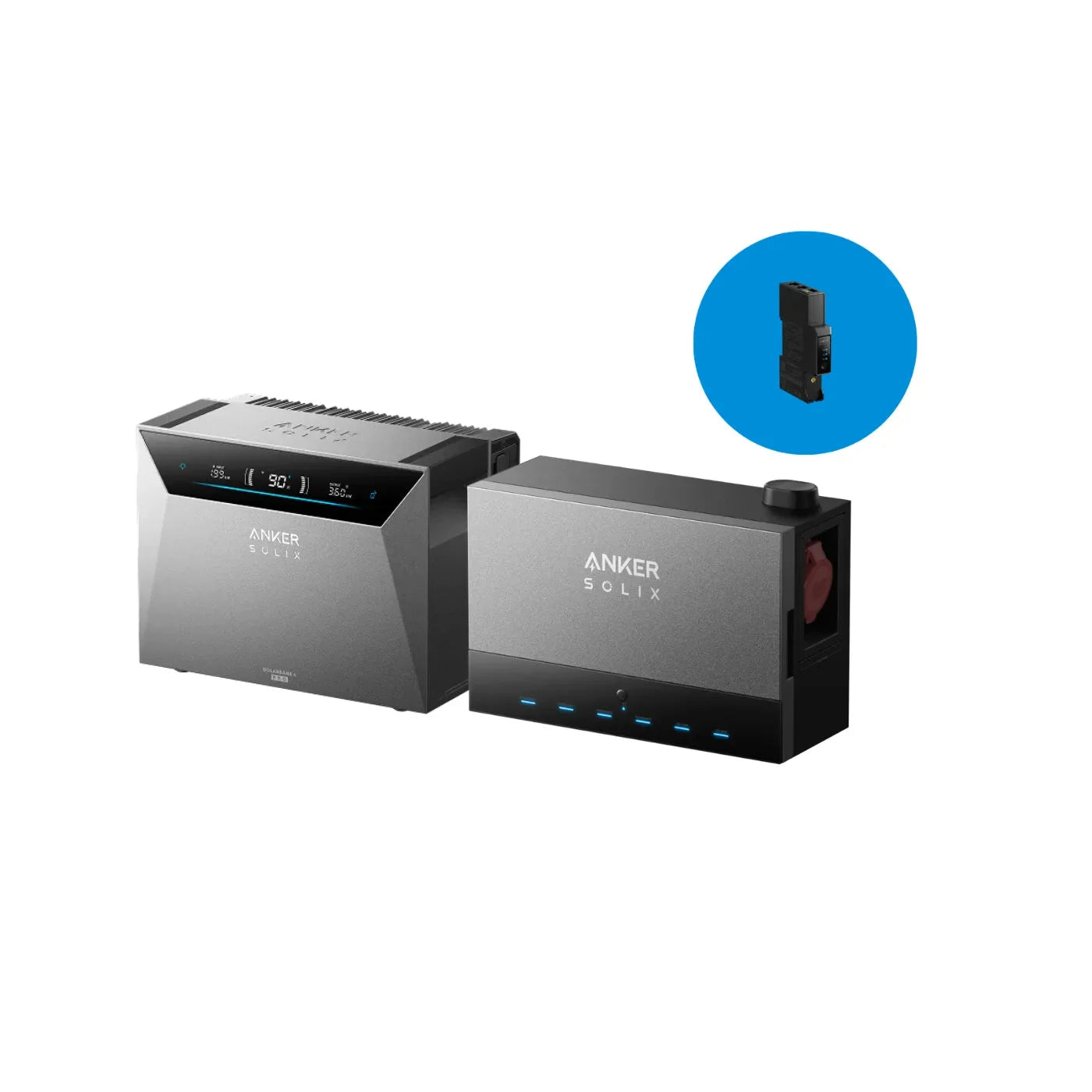 Anker SOLIX Solarbank 4 E5000 Pro + Anker Power Dock + Smart Meter Gen 2 – Produktansicht mit Smart Meter im blauen Kreis