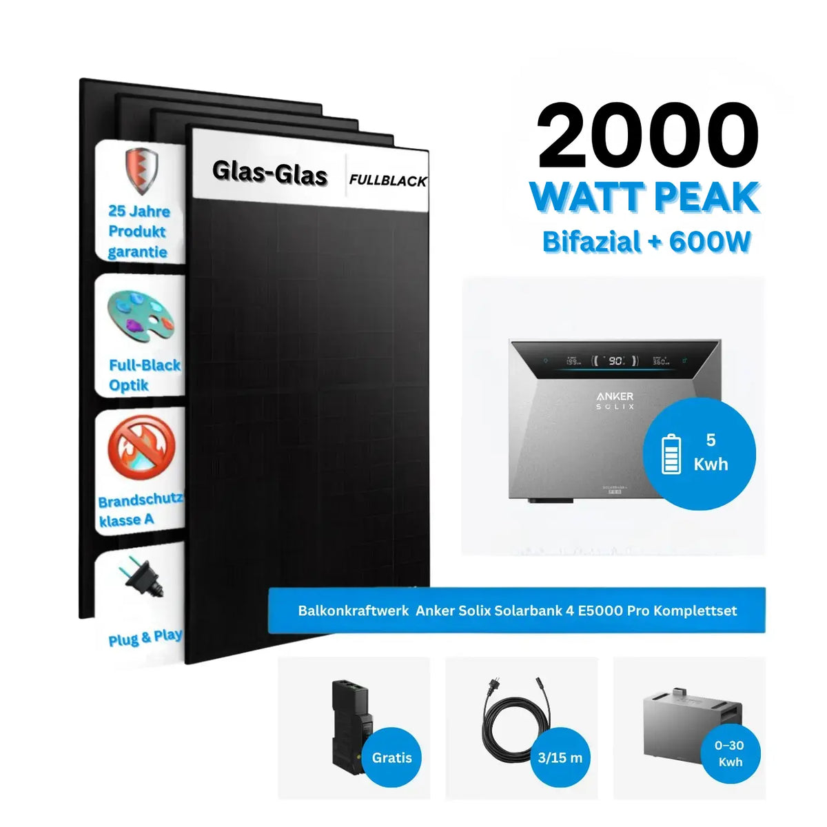 Anker SOLIX Solarbank 4 E5000 Pro mit vier 500-W-Solarmodulen im Komplettset