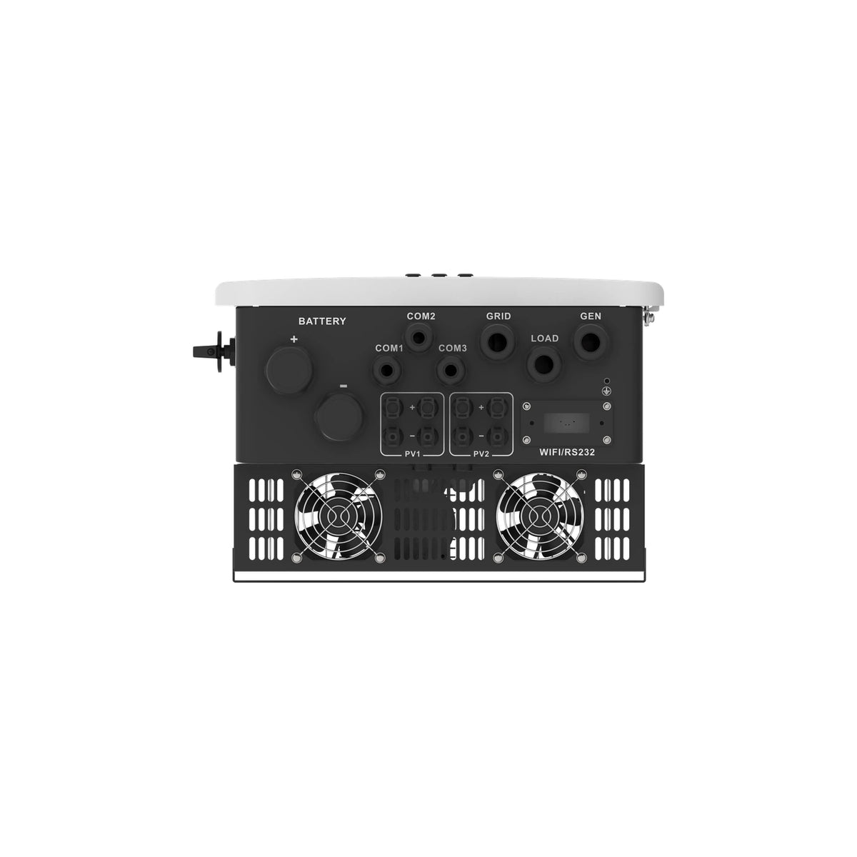 Unterseite des Deye SUN-12K-SG05LP3-EU-SM2 mit Anschlussbereichen