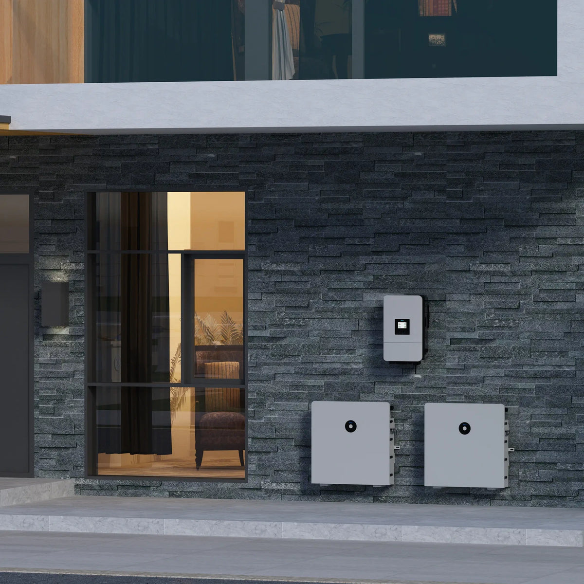 Deye SUN-12K-SG05LP3-EU-SM2 mit Batteriespeicher an einem Wohnhaus