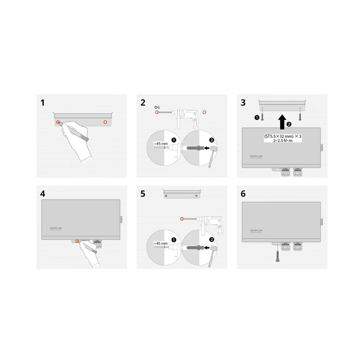 EcoFlow STREAM Gateway – Montageschritte der Wandhalterung – Herstellerdiagramm