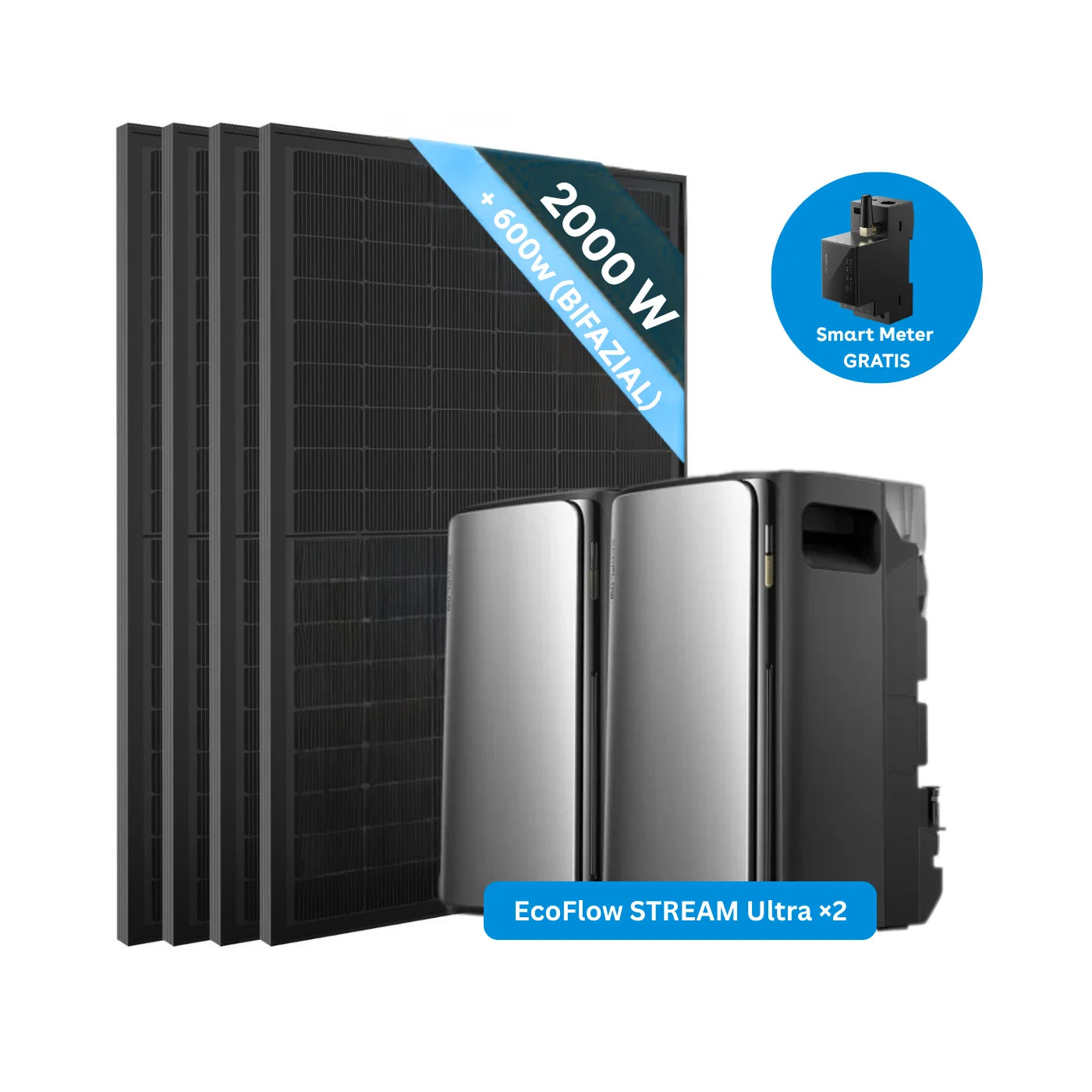Zwei EcoFlow STREAM Ultra Stromspeicher mit vier 500-W-Solarmodulen im 2000-Watt-Komplettset