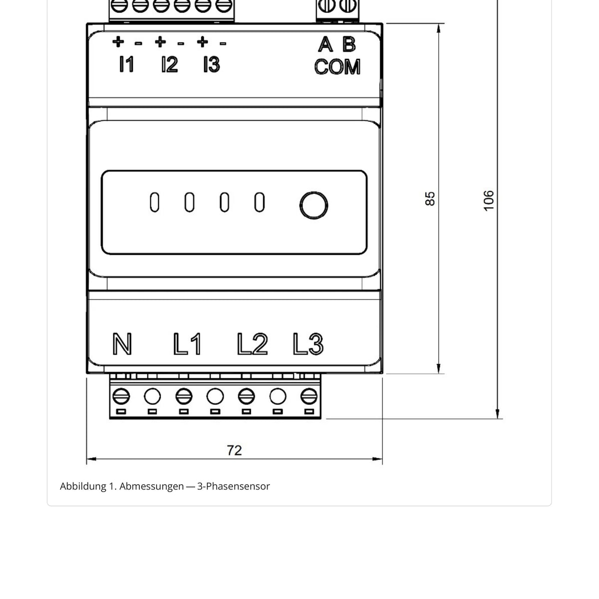 Abmessungen und Anschlussklemmen des FENECON FEH040 3-Phasen-Sensors