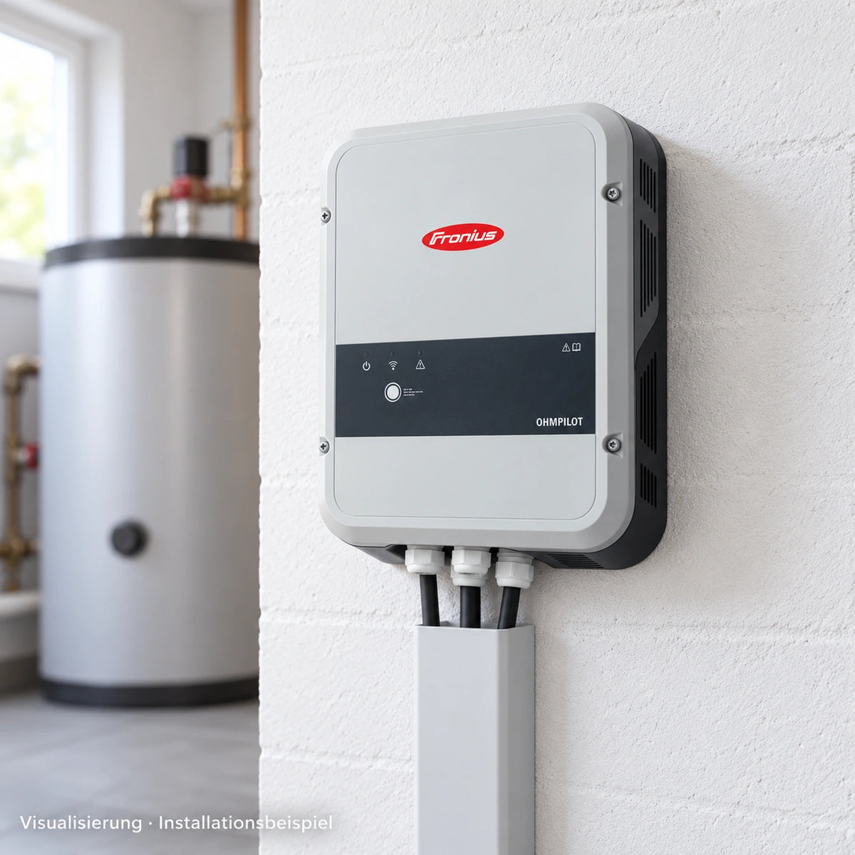 Fronius Ohmpilot 9.0-3 – Verbrauchsregler für PV-Warmwasser bis 9 kW – Visualisierung eines Installationsbeispiels; Umgebung nicht im Lieferumfang