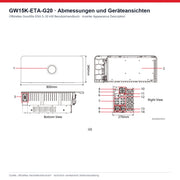 GoodWe GW15K-ETA-G20 mit Front-, Rück-, Unter- und Seitenansicht sowie Abmessungen
